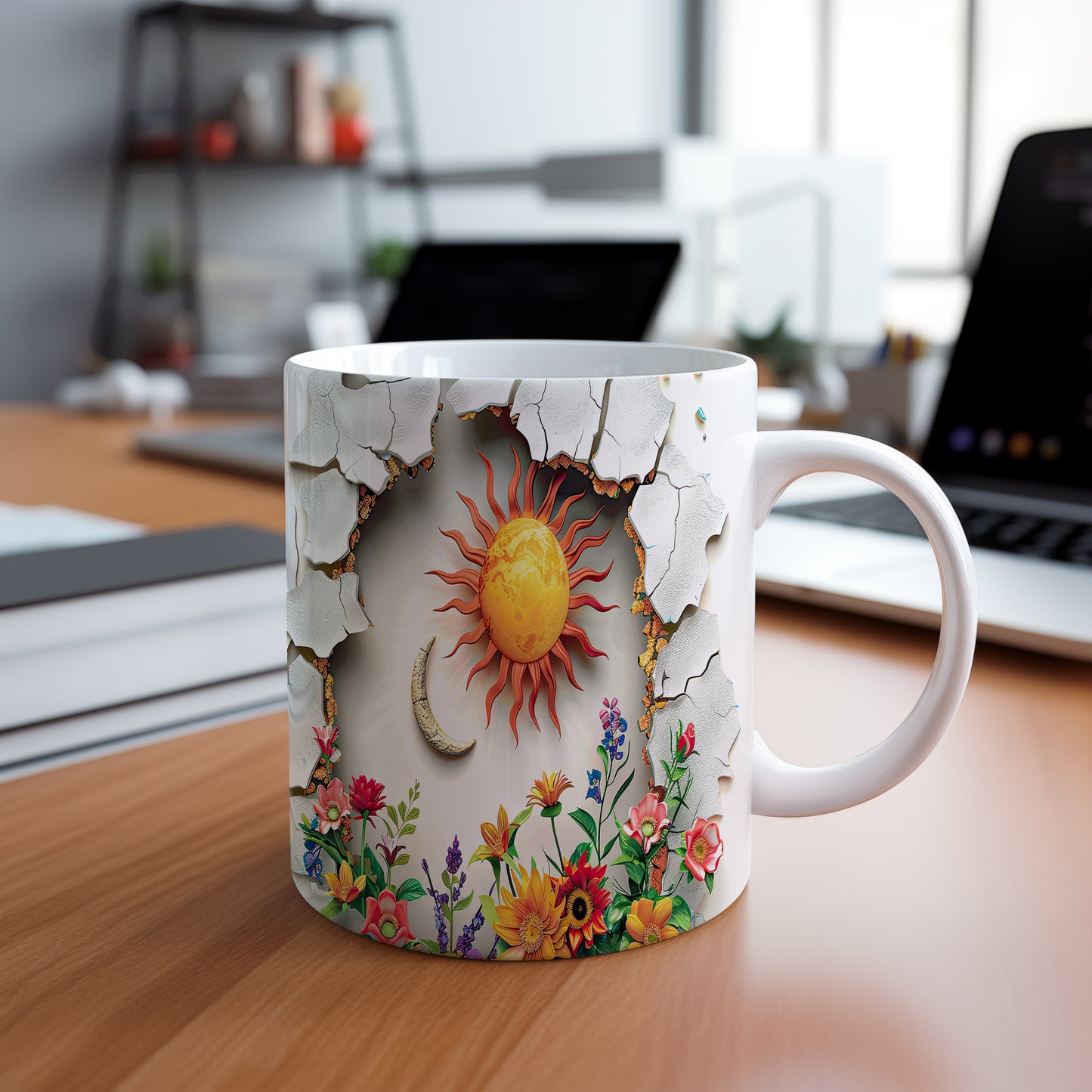 Hrnek se sluncem a květinami