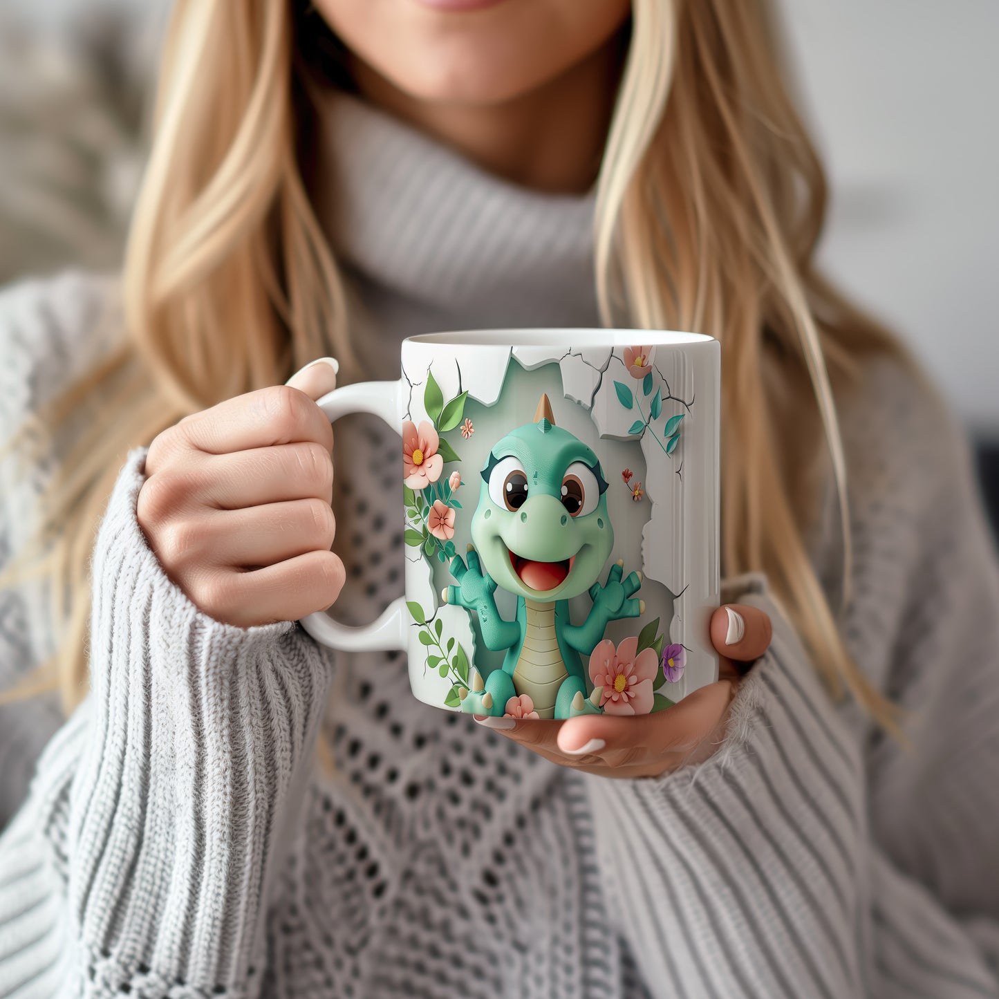 Hrnek s veselým výrazem dinosaurka