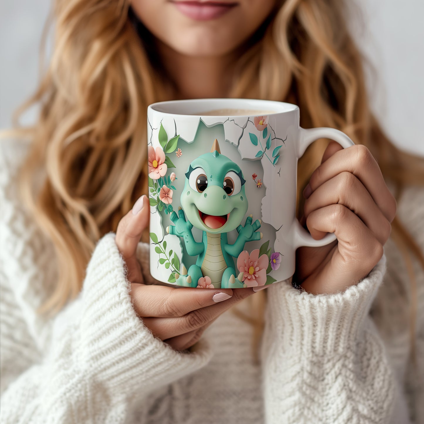 Hrnek s veselým výrazem dinosaurka