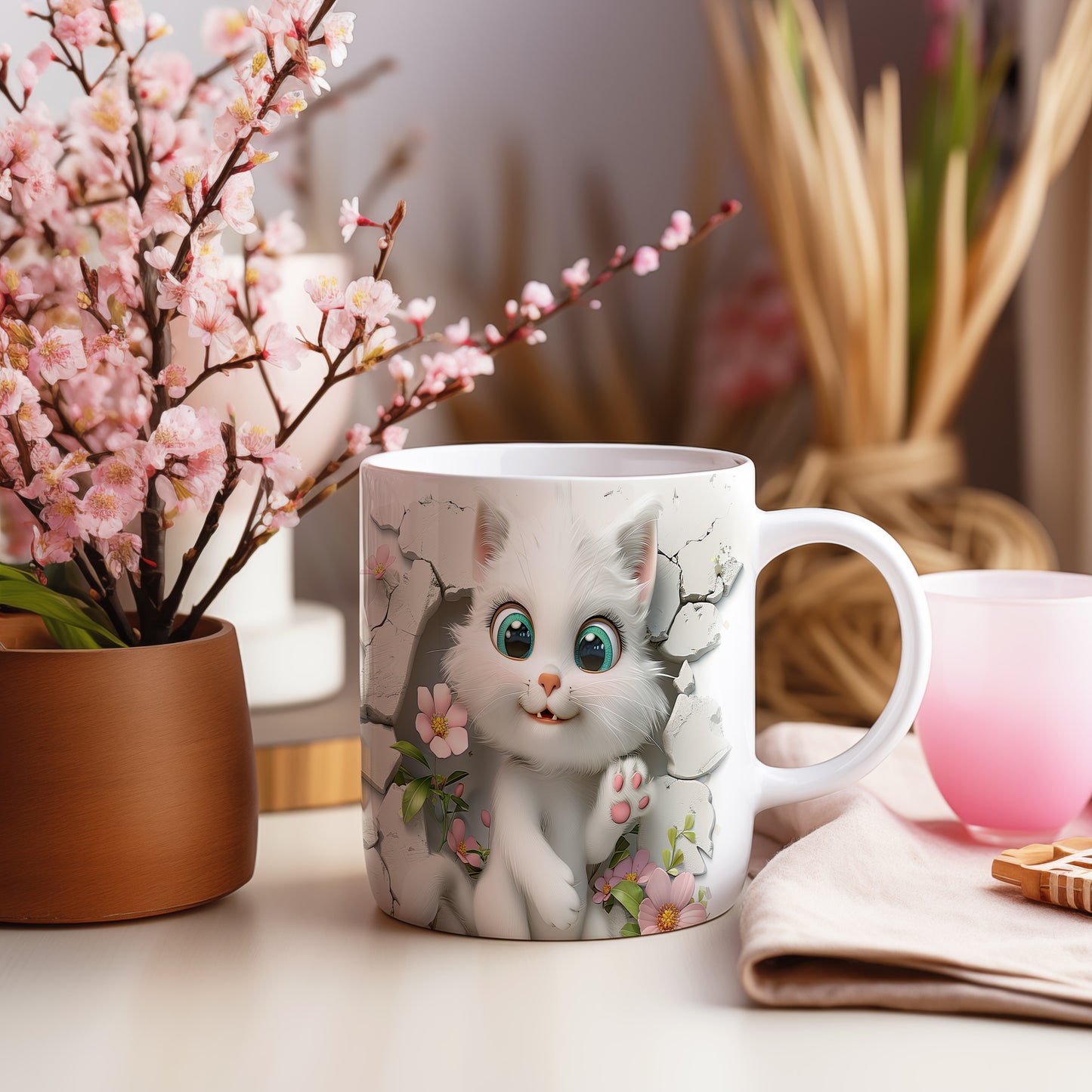 Hrnek s roztomilou kočičkou 3D efektem – komiksovým stylem