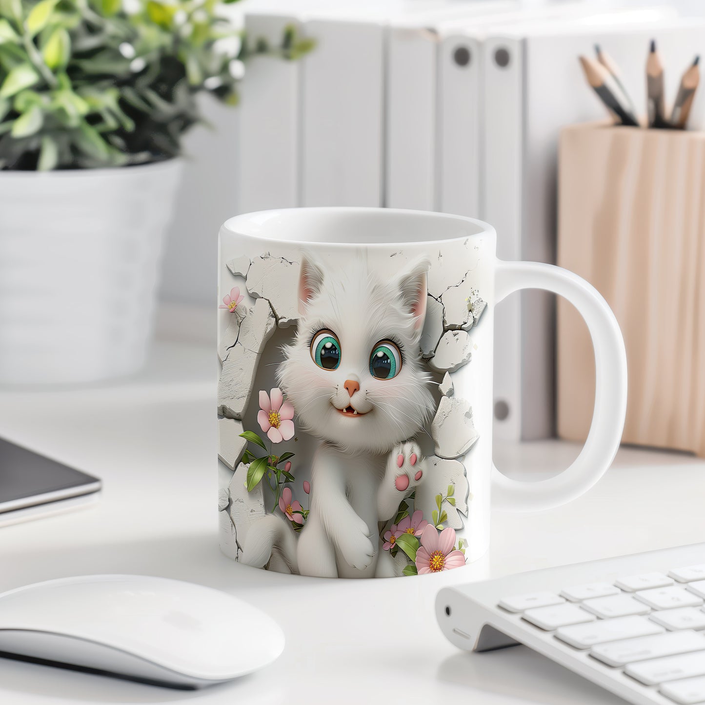 Hrnek s roztomilou kočičkou 3D efektem – komiksovým stylem