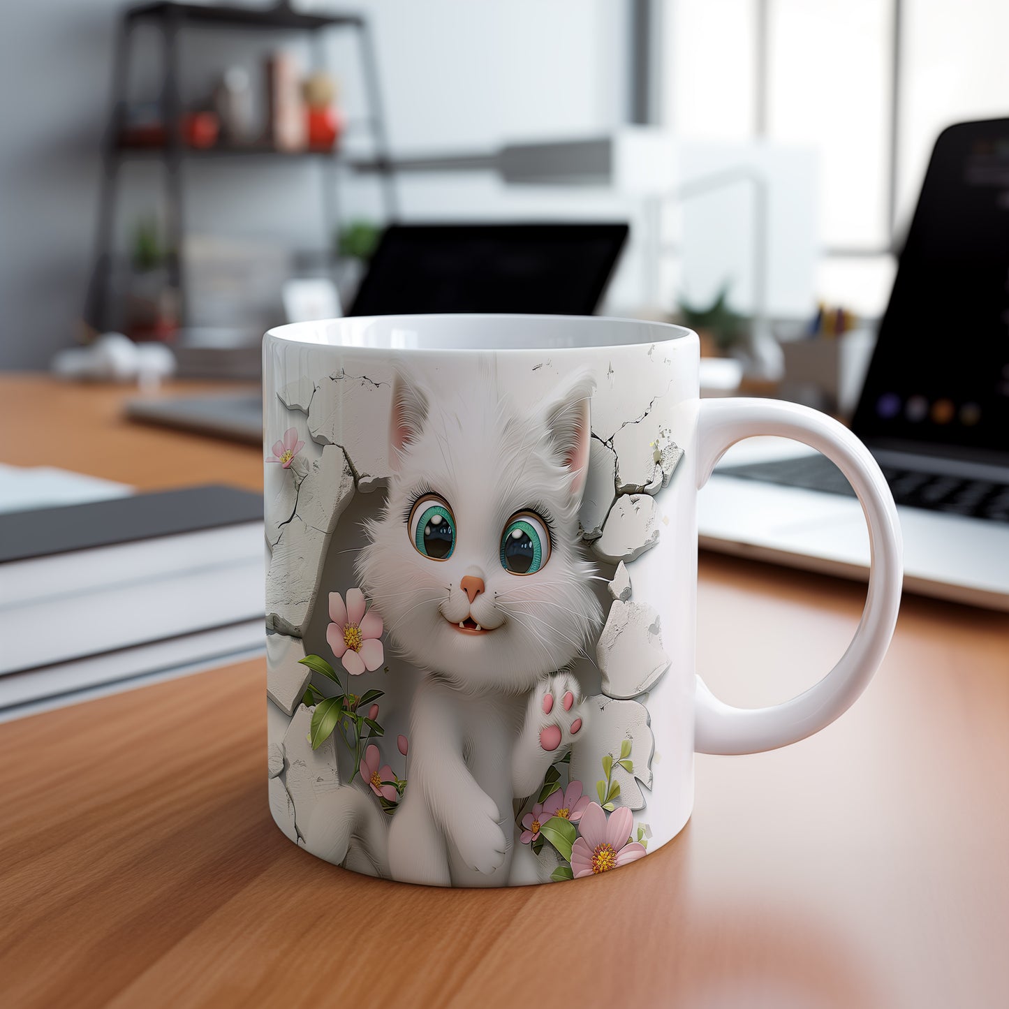 Hrnek s roztomilou kočičkou 3D efektem – komiksovým stylem