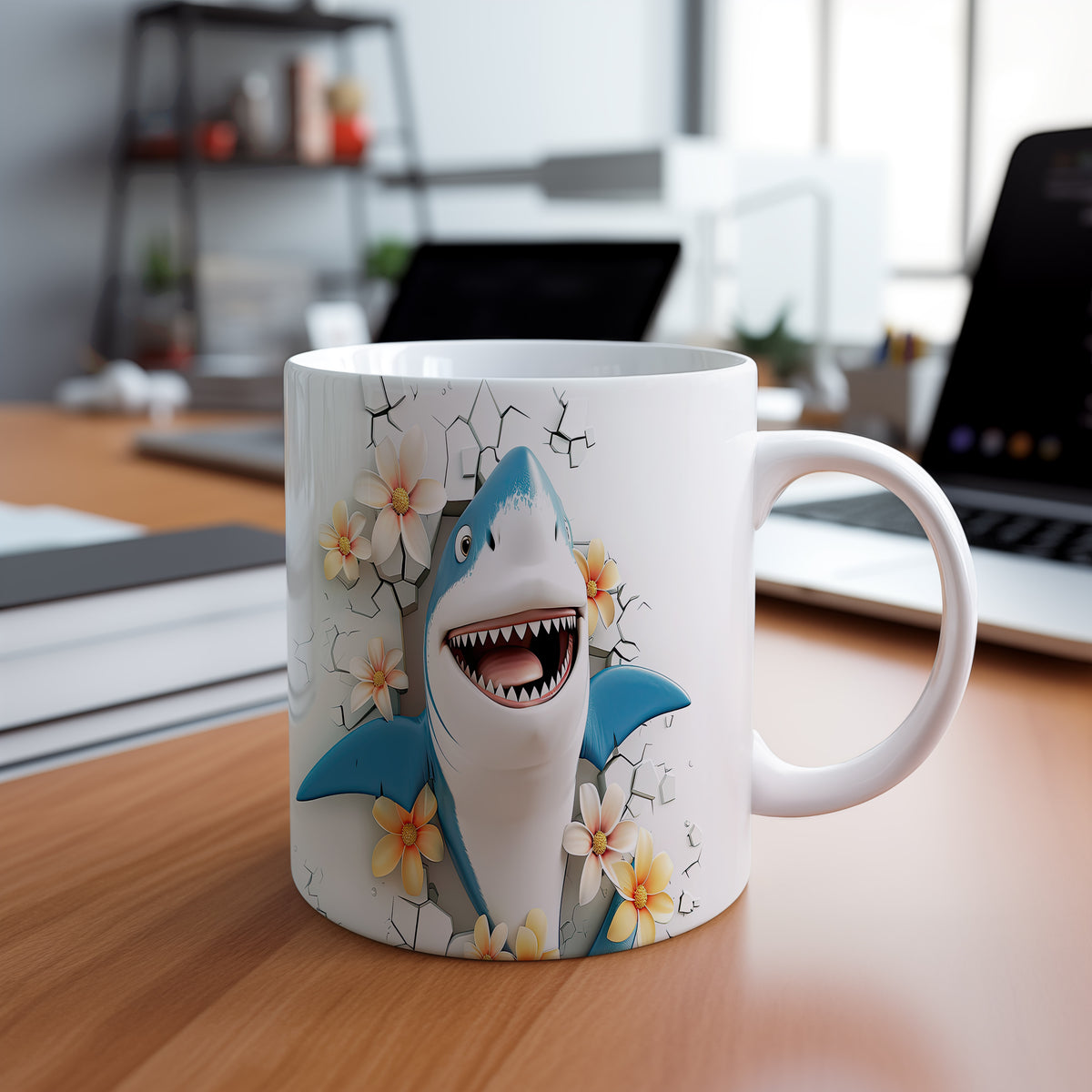 Hrnek se žralokem a květinami – modrými detaily