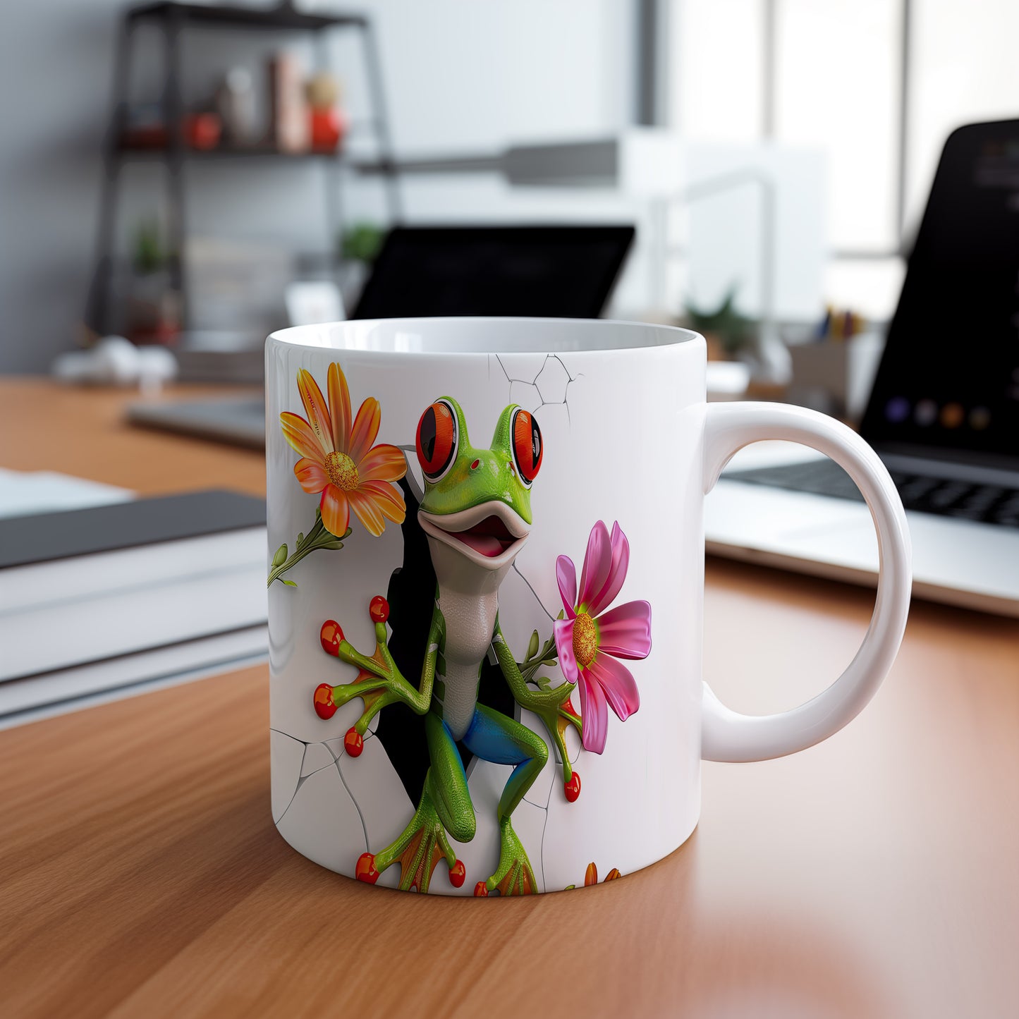Hrnek se žabkou a květinami 3D efektem
