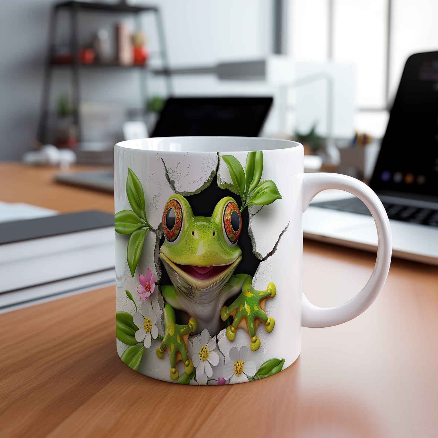 Hrnek se žabkou vykukující z 3D efektu