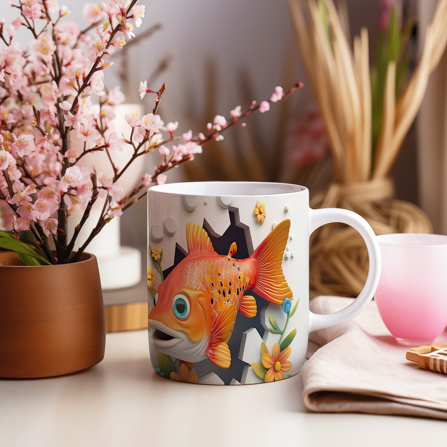Hrnek s motivem zlaté rybky a 3D efektem