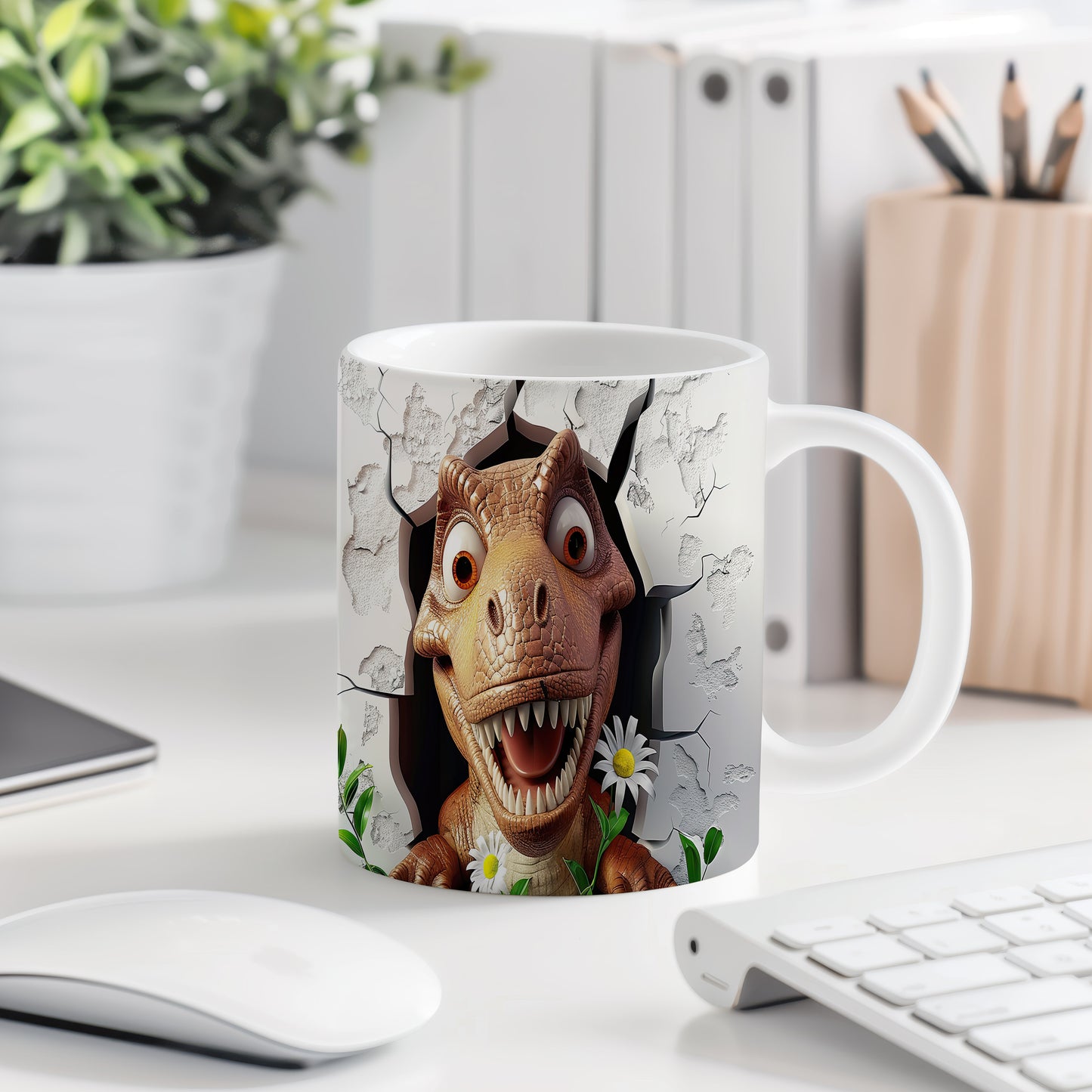 Hrnek s dinosaurusem 3D efektem – černobílým motivem