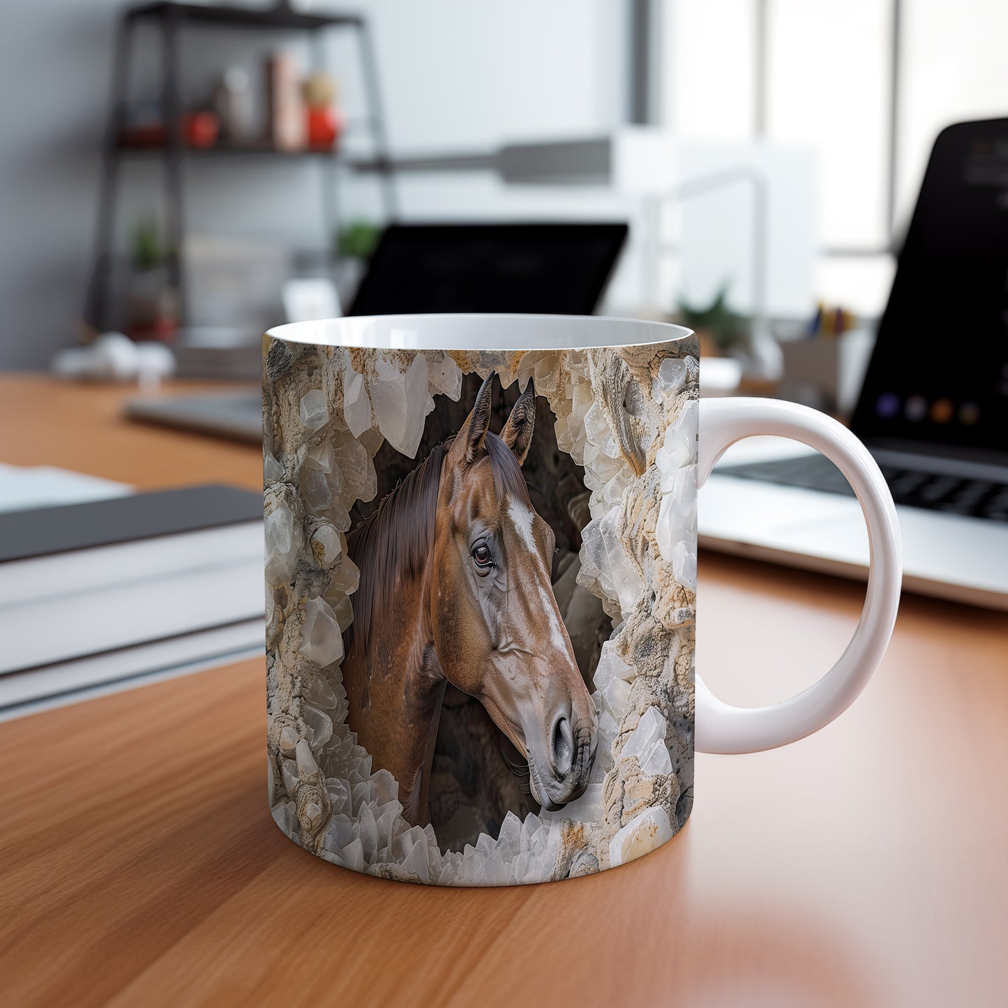 Hrnek s realistickým motivem koně – černobílým motivem