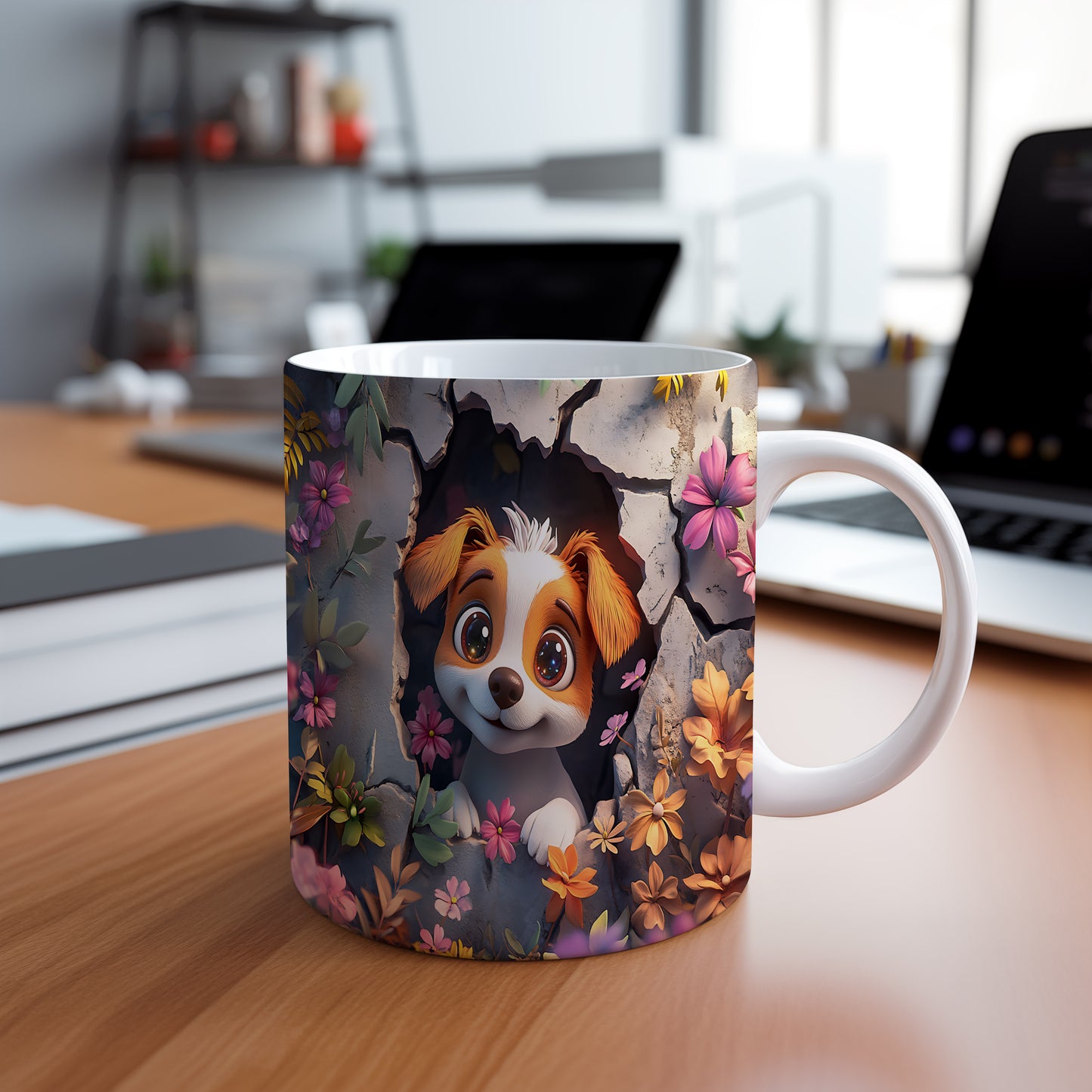 Hrnek s štěnětem a květinovým 3D efektem