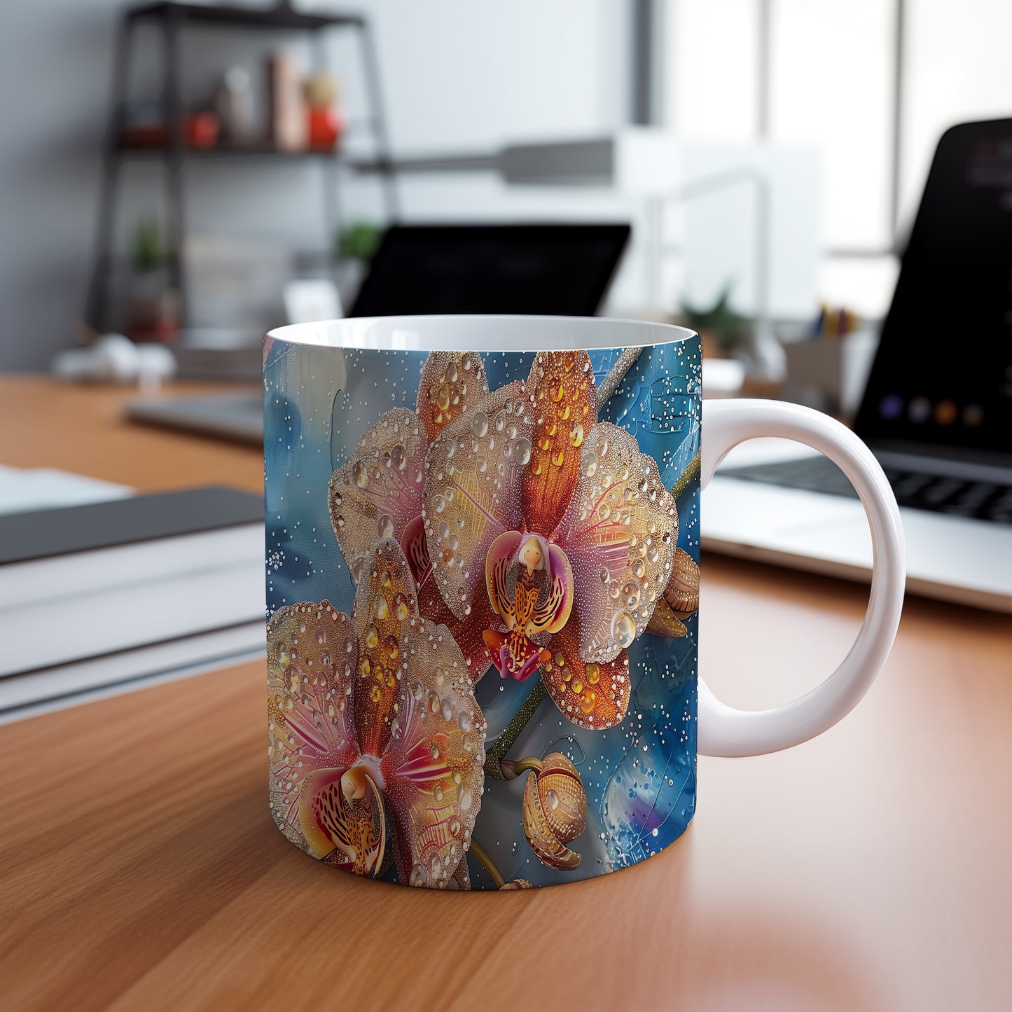 Hrnek s květinovými orchidejemi