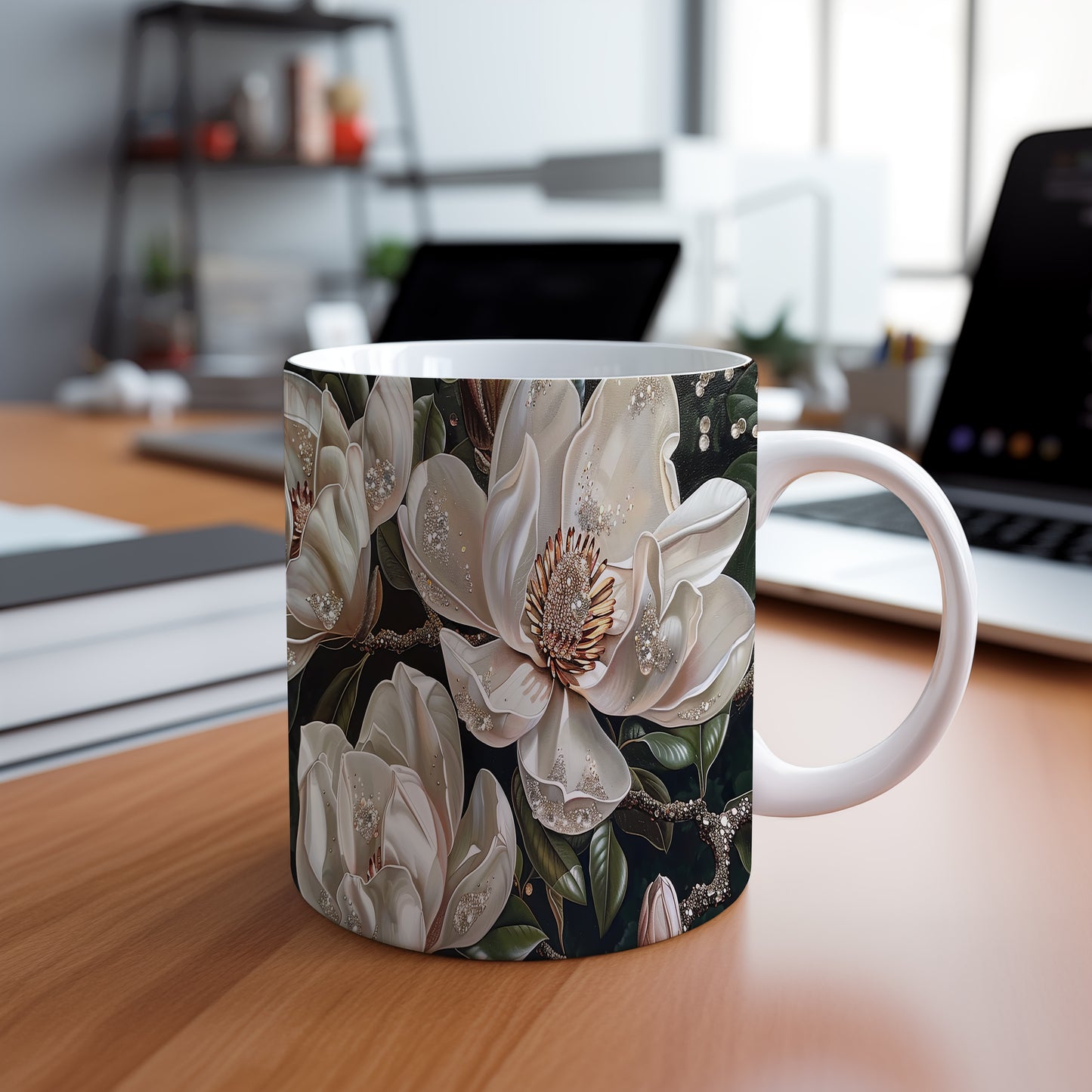 Hrnek s elegantními bílými květy magnolie