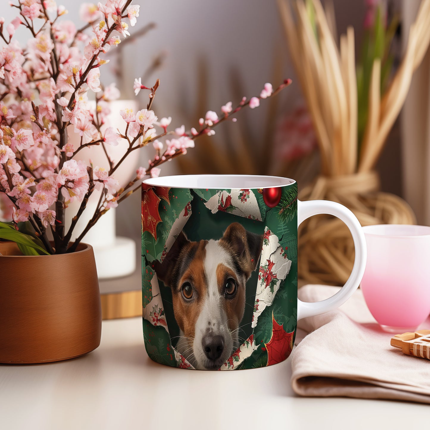 Hrnek s Jack Russell teriérem a vánočním motivem