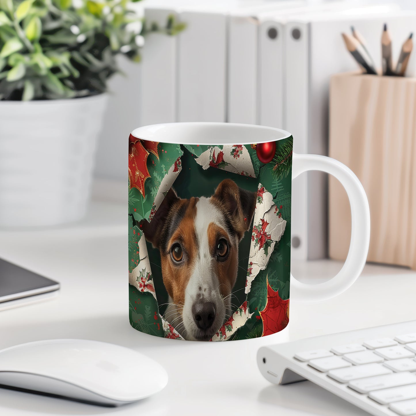 Hrnek s Jack Russell teriérem a vánočním motivem