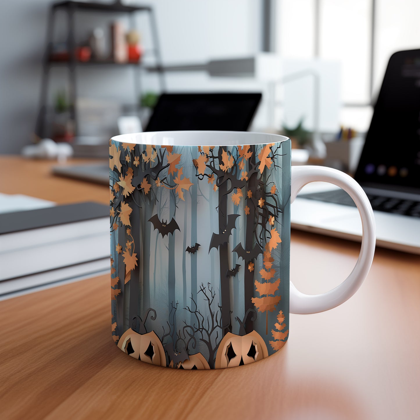 Hrnek s podzimními motivy a netopýry