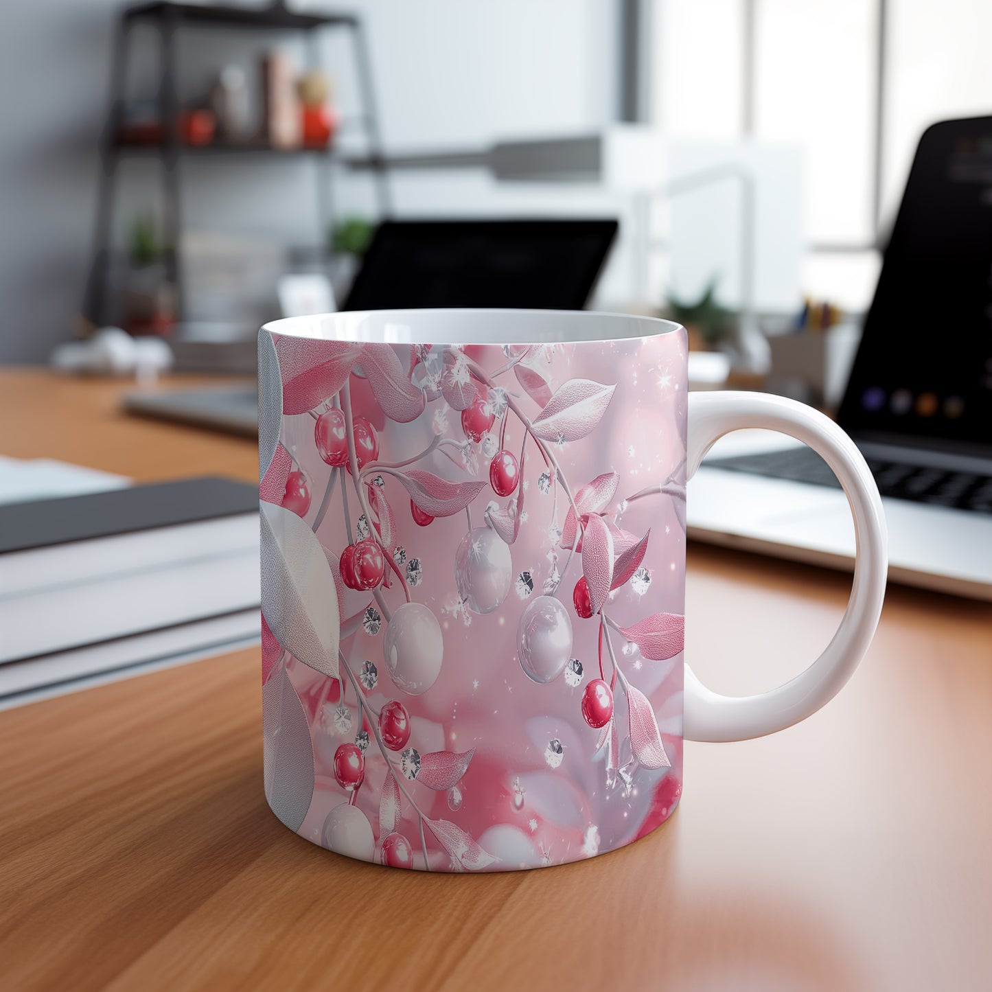 Hrnek s elegantními květinami v růžových tónech – výrazným designem