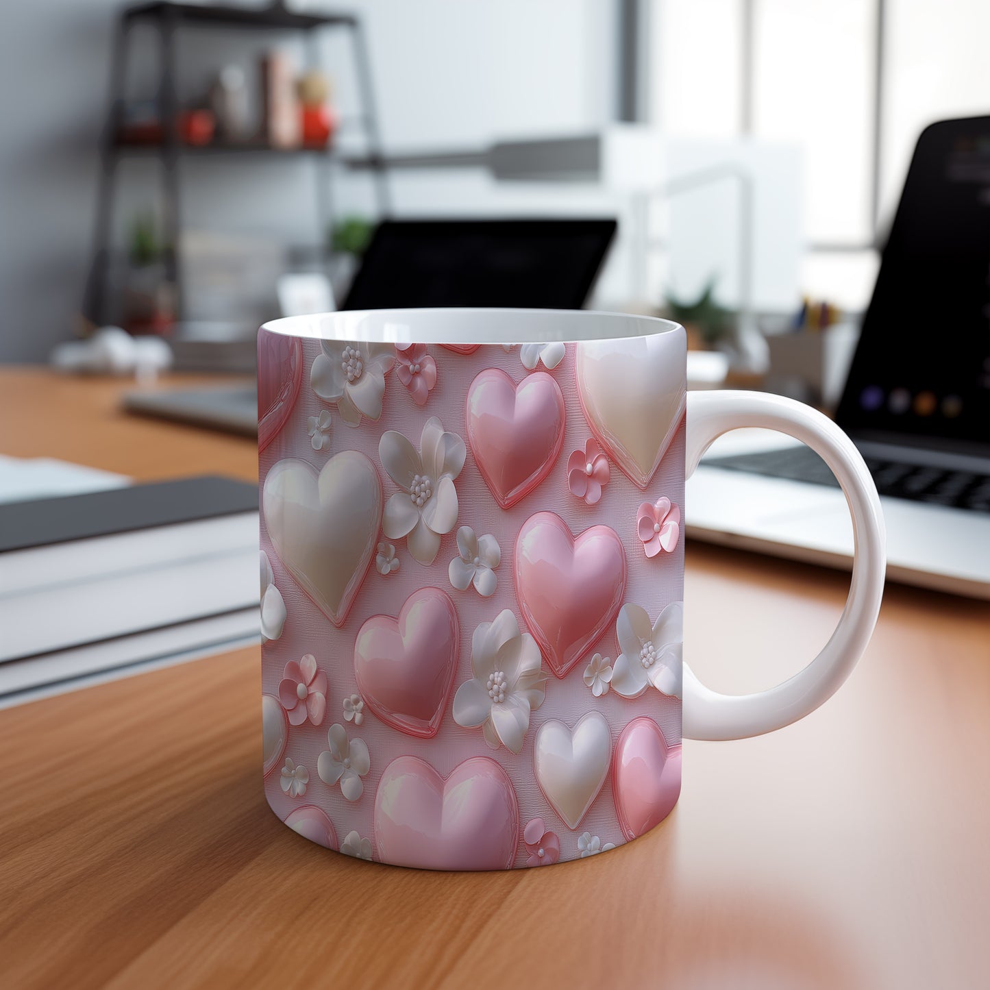 Hrnek s růžovými srdíčky a květinami