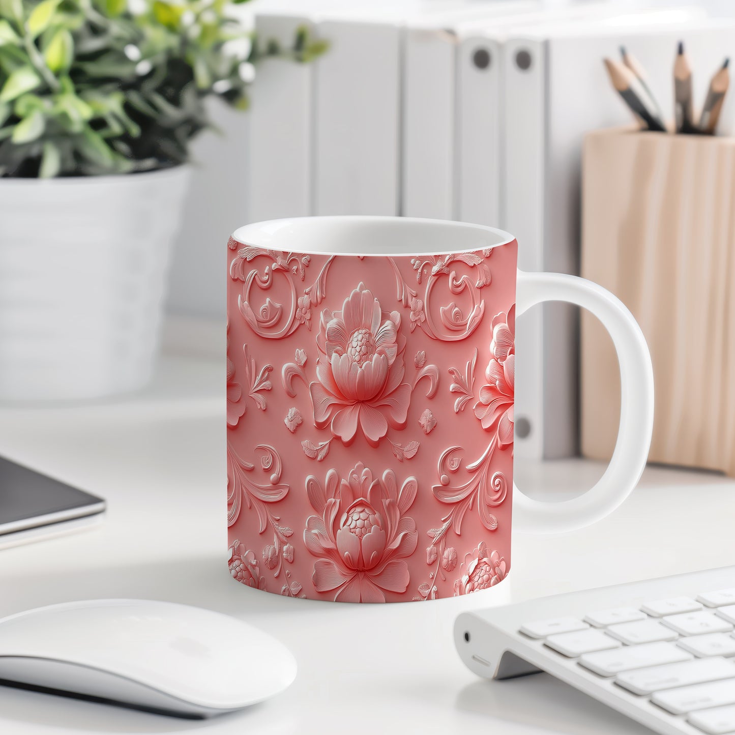 Hrnek s elegantním květinovým vzorem v pastelových tónech – 3D efektem