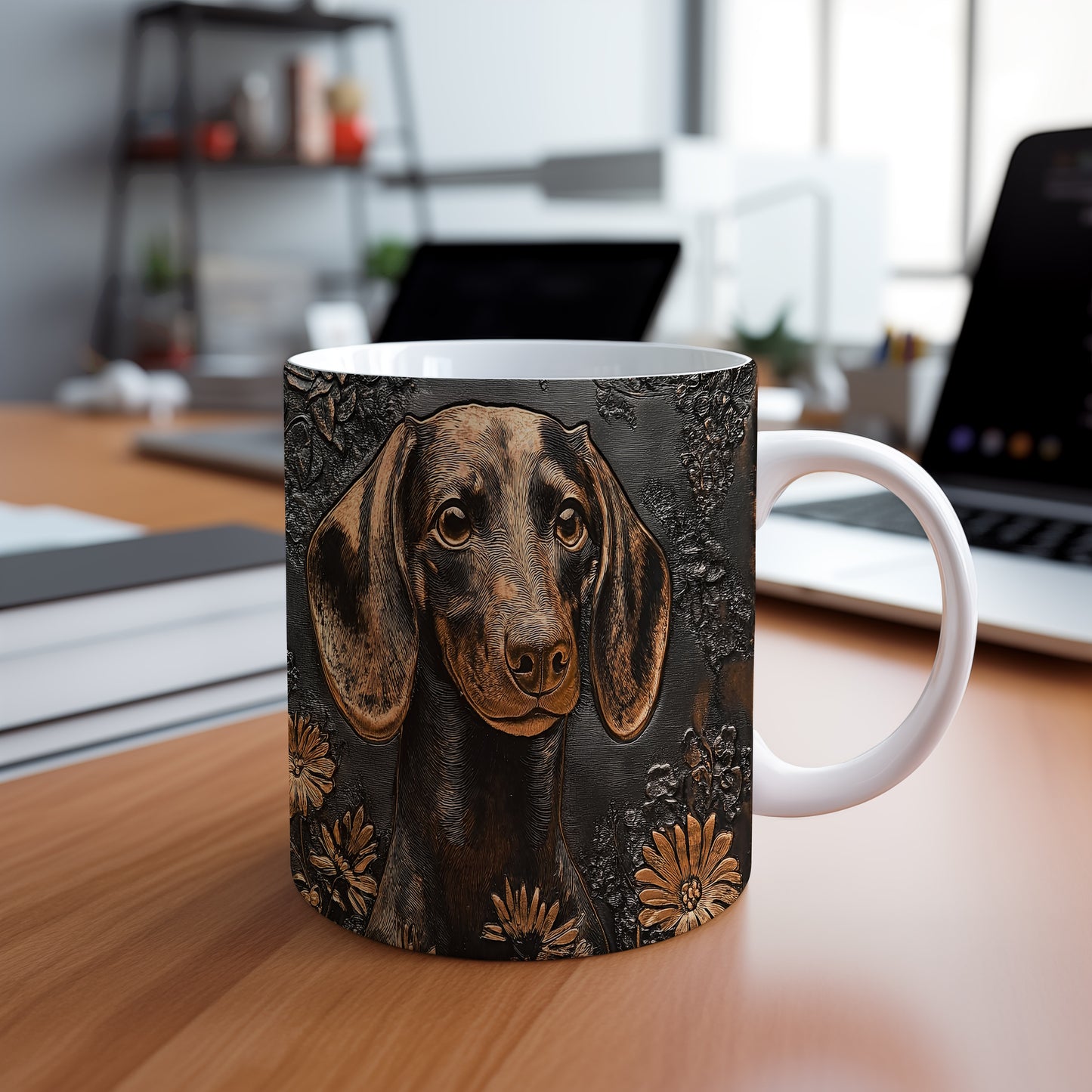 Hrnek se jezevčíkem a květinami