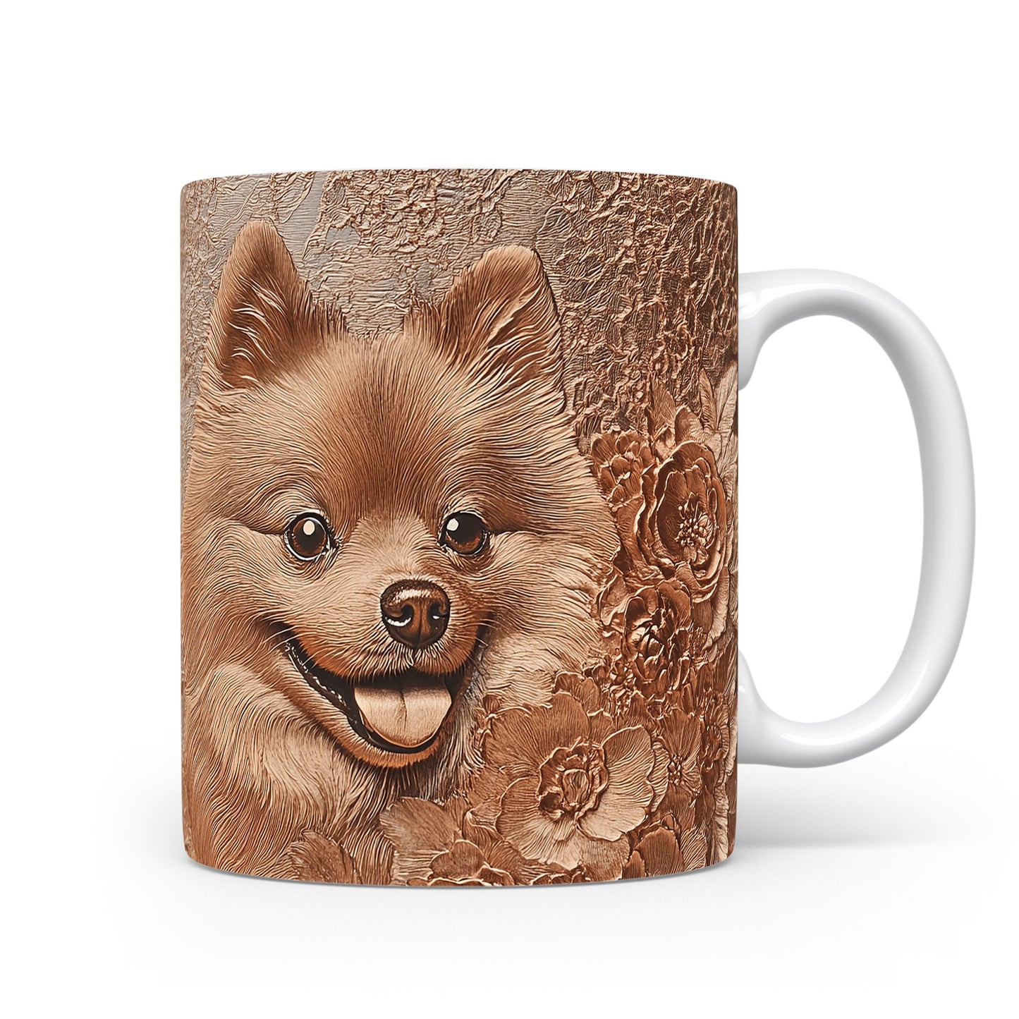 Hrnek s roztomilým pomeranianem a květinovým pozadím
