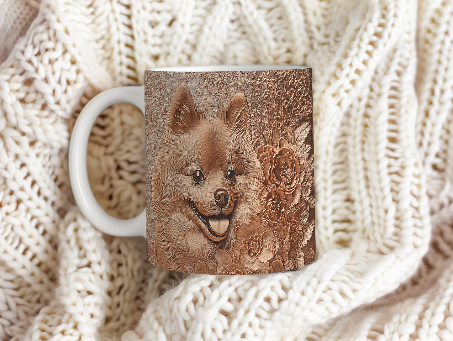 Hrnek s roztomilým pomeranianem a květinovým pozadím