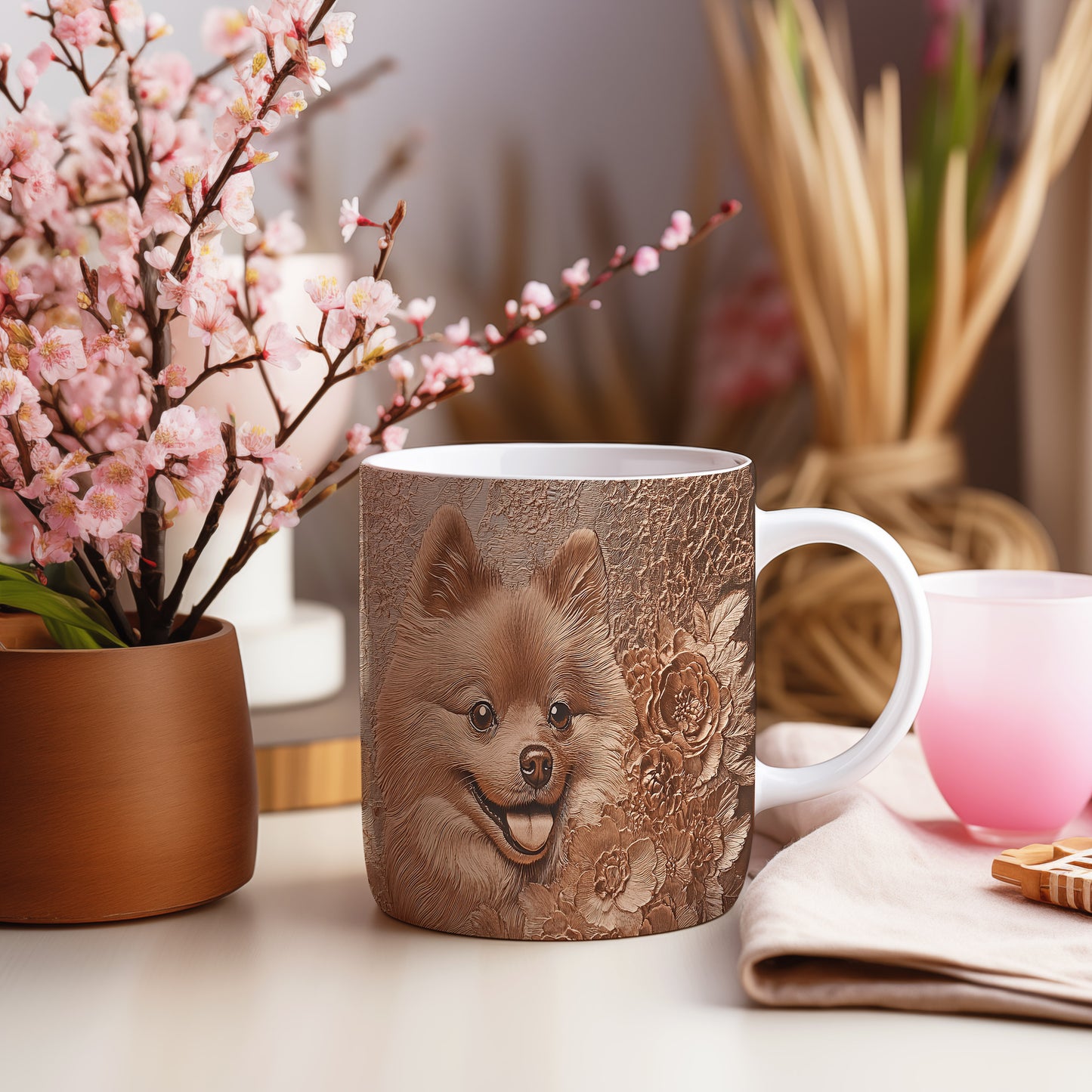 Hrnek s roztomilým pomeranianem a květinovým pozadím