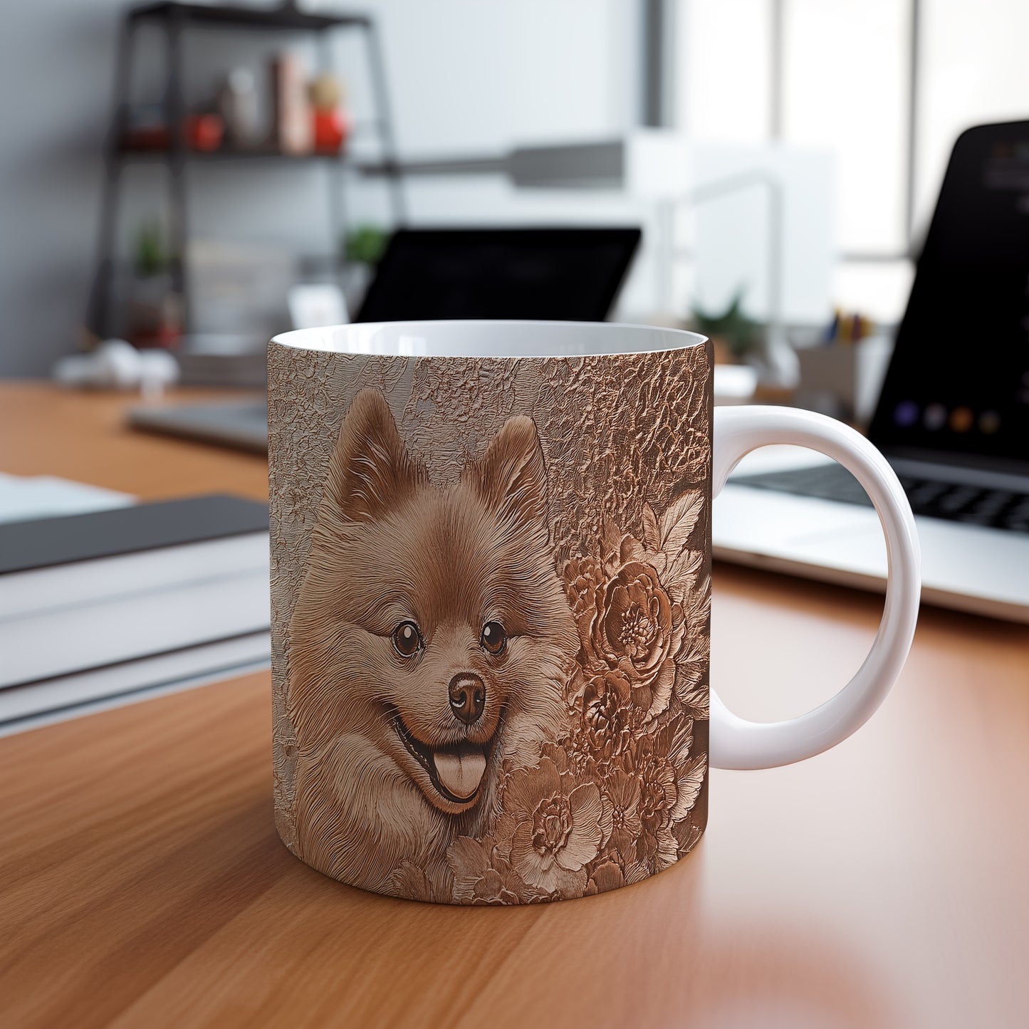 Hrnek s roztomilým pomeranianem a květinovým pozadím