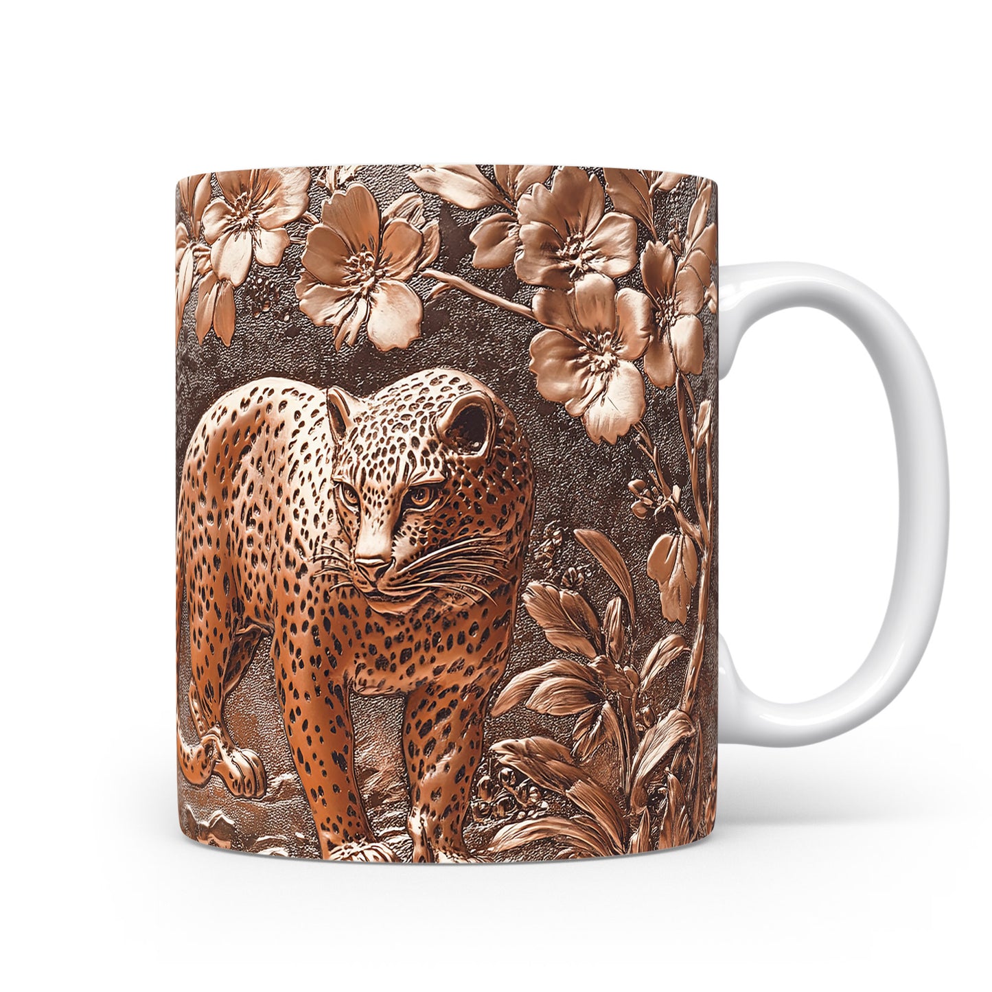 Hrnek s motivem leoparda a květinami