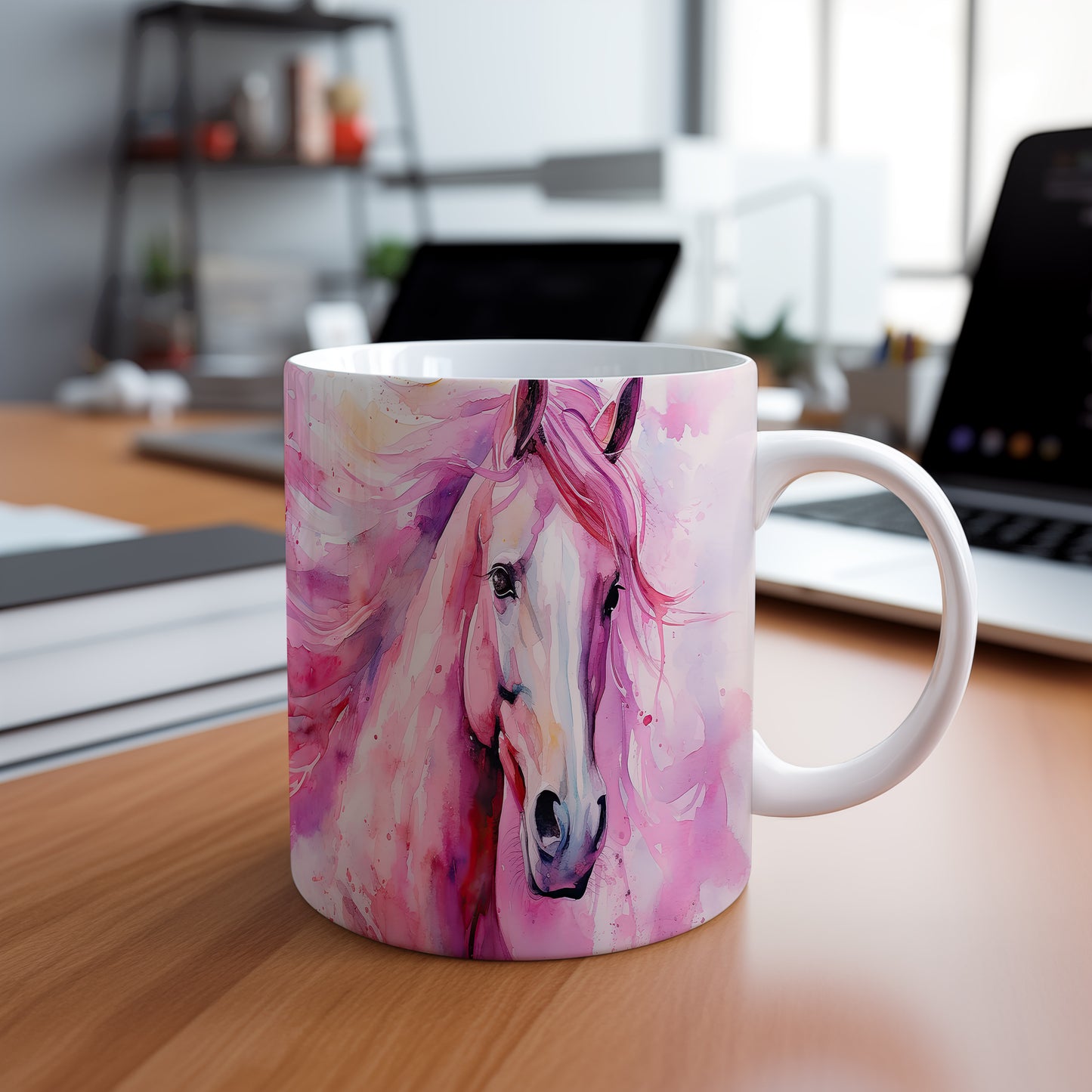 Hrnek s malovaným koněm v růžových tónech