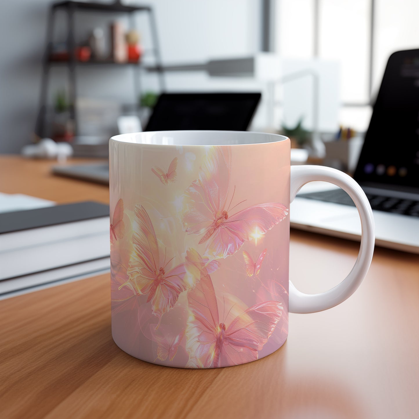Hrnek s motivem motýlů v jemných barvách
