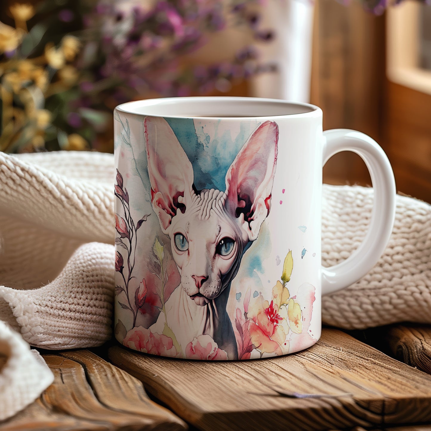 Hrnek se sphynxem a květinovým motivem