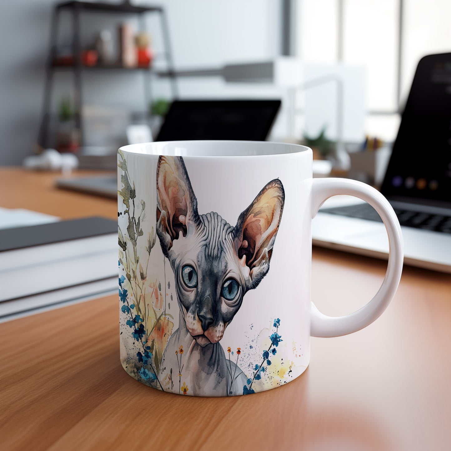 Hrnek se stylizovanou kočkou – modrými detaily