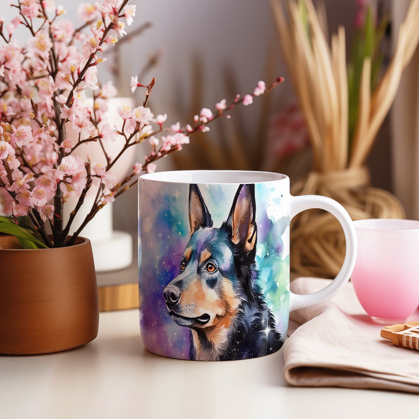 Hrnek s ovčákem v galaktickém stylu - kouzelný design