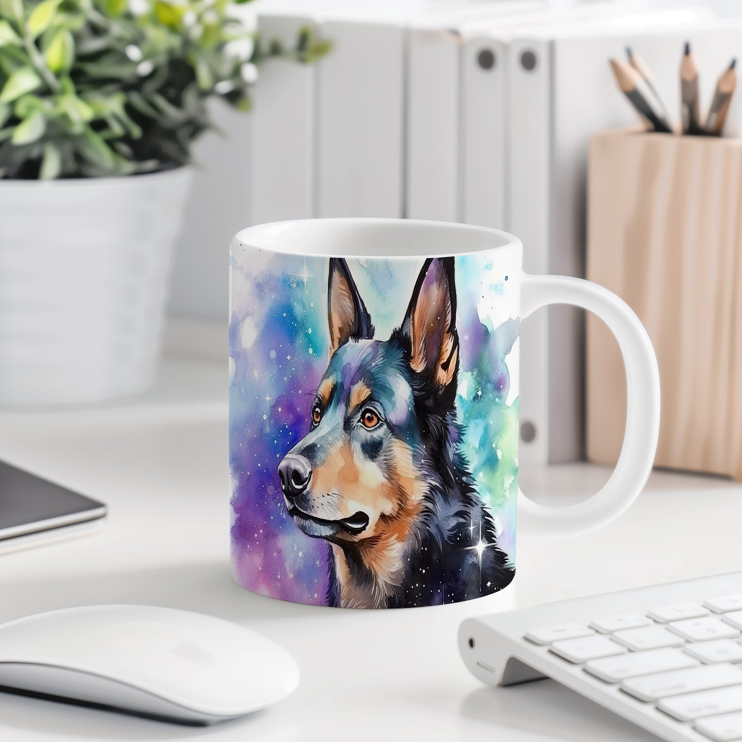 Hrnek s ovčákem v galaktickém stylu - kouzelný design