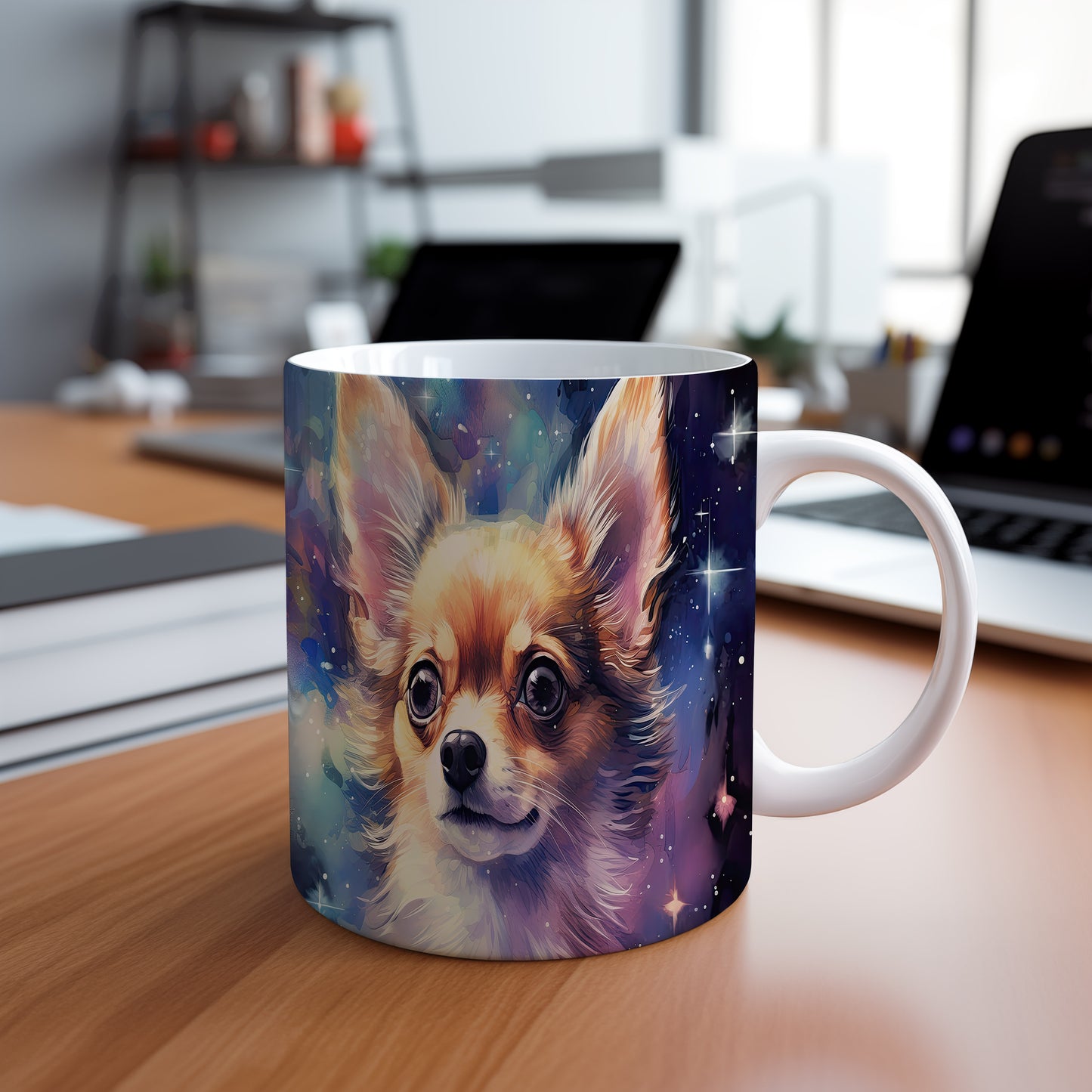 Hrnek se čivavou na barevném pozadí v hnědých tónech