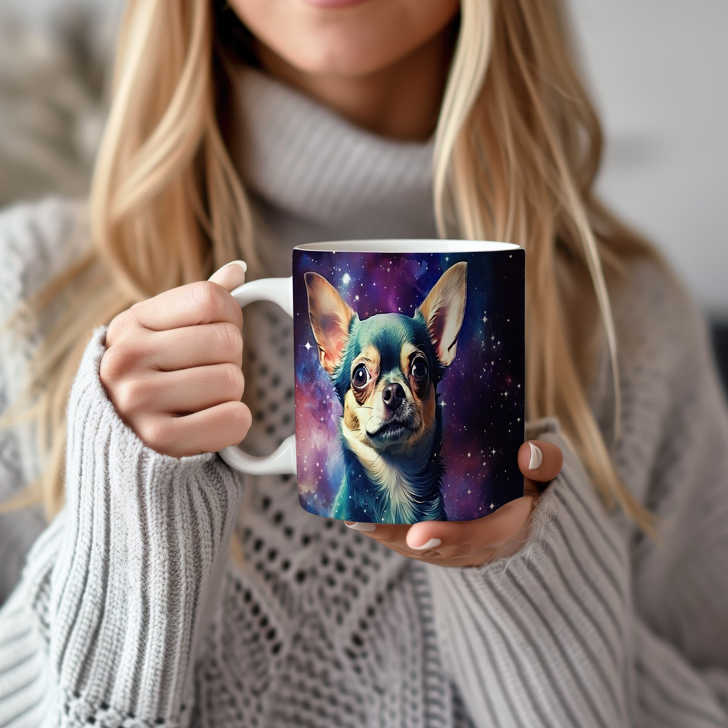 Hrnek s ilustrací psa v galaktickém motivu