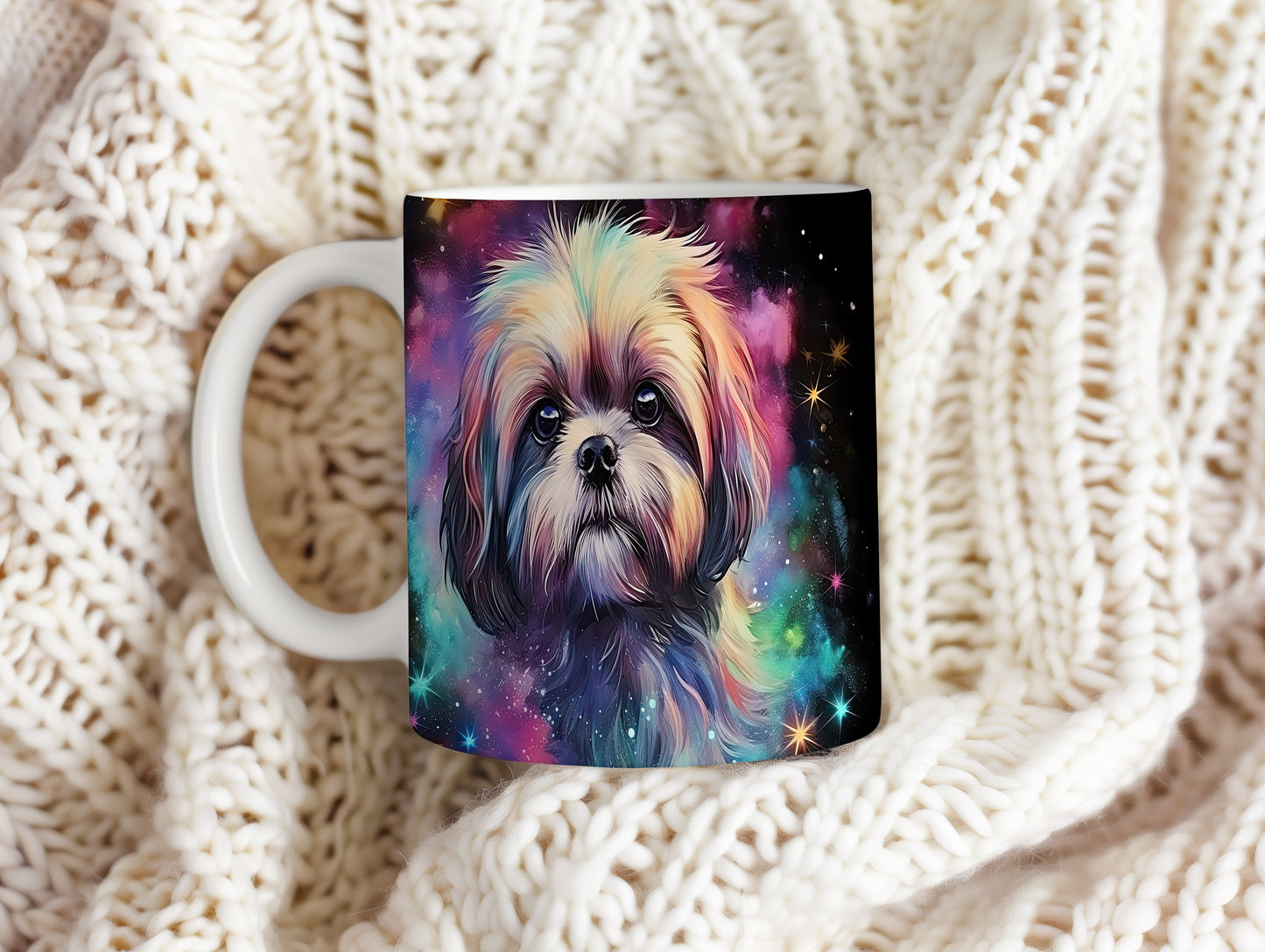 Hrnek s barevným shihtzu na galaktickém pozadí