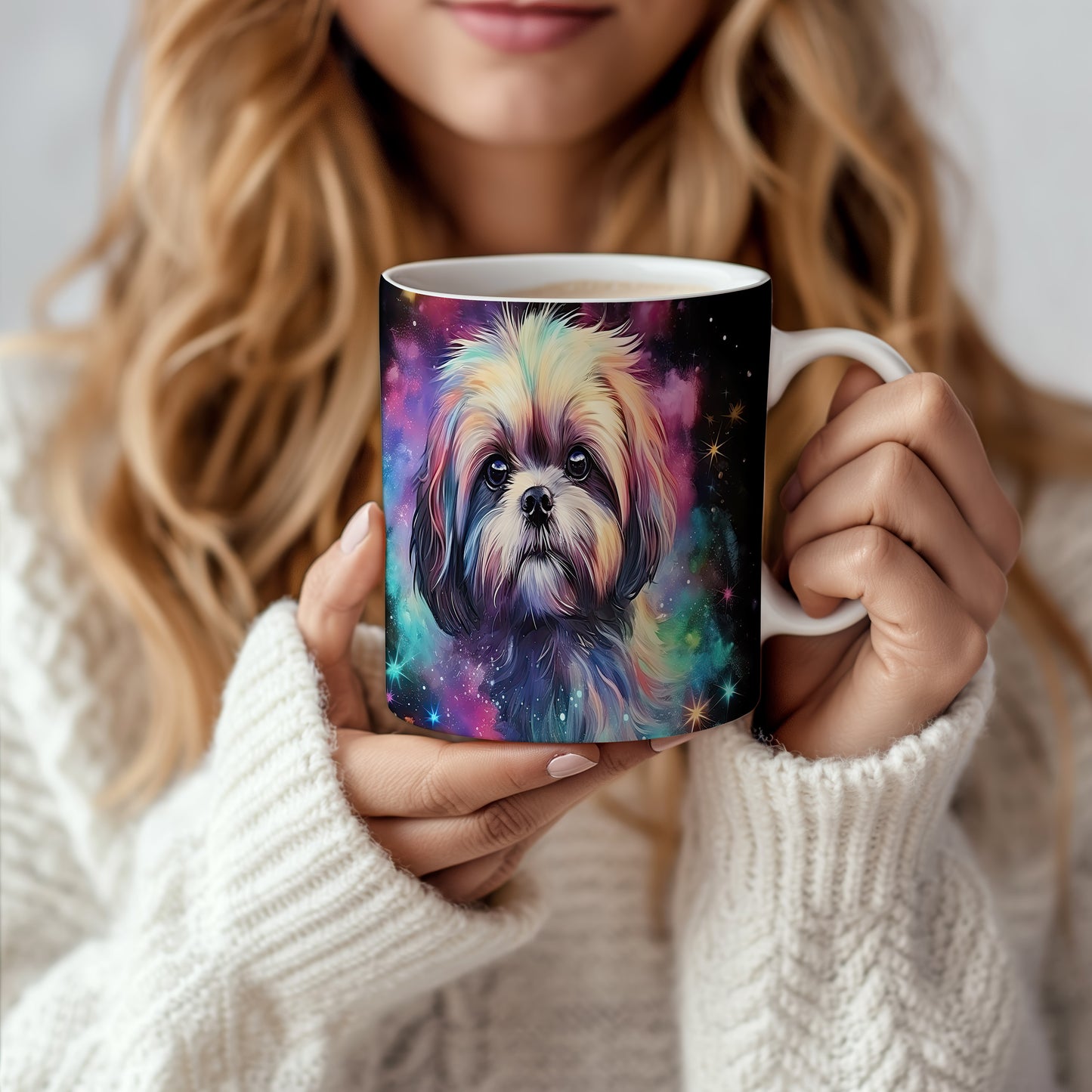 Hrnek s barevným shihtzu na galaktickém pozadí