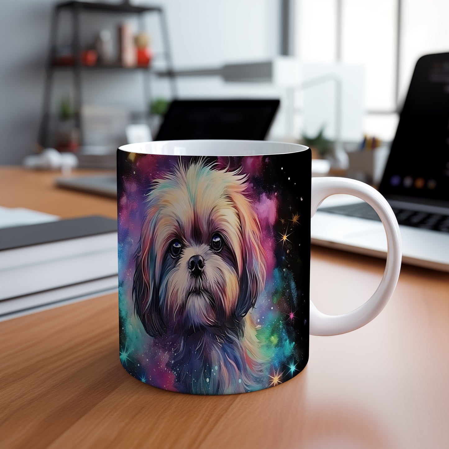 Hrnek s barevným shihtzu na galaktickém pozadí