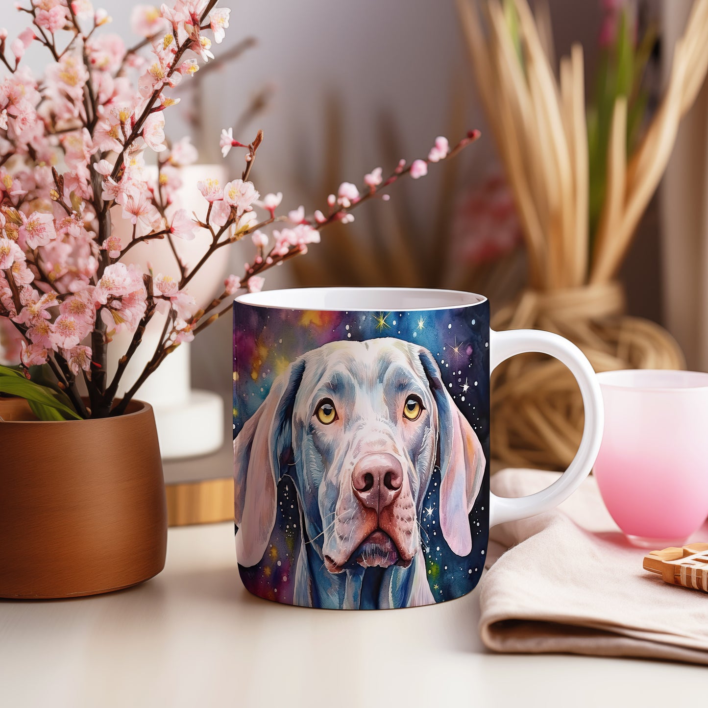 Hrnek s ilustrací doge v kosmickém stylu