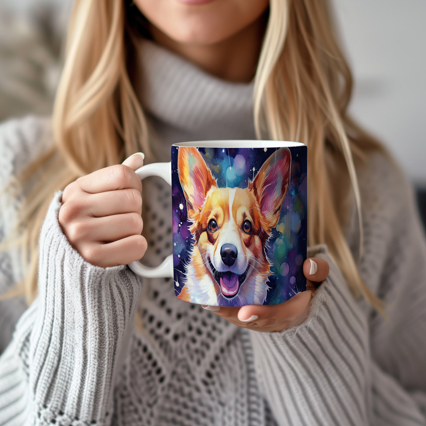 Hrnek s corgi ovčákem a barevným vesmírem