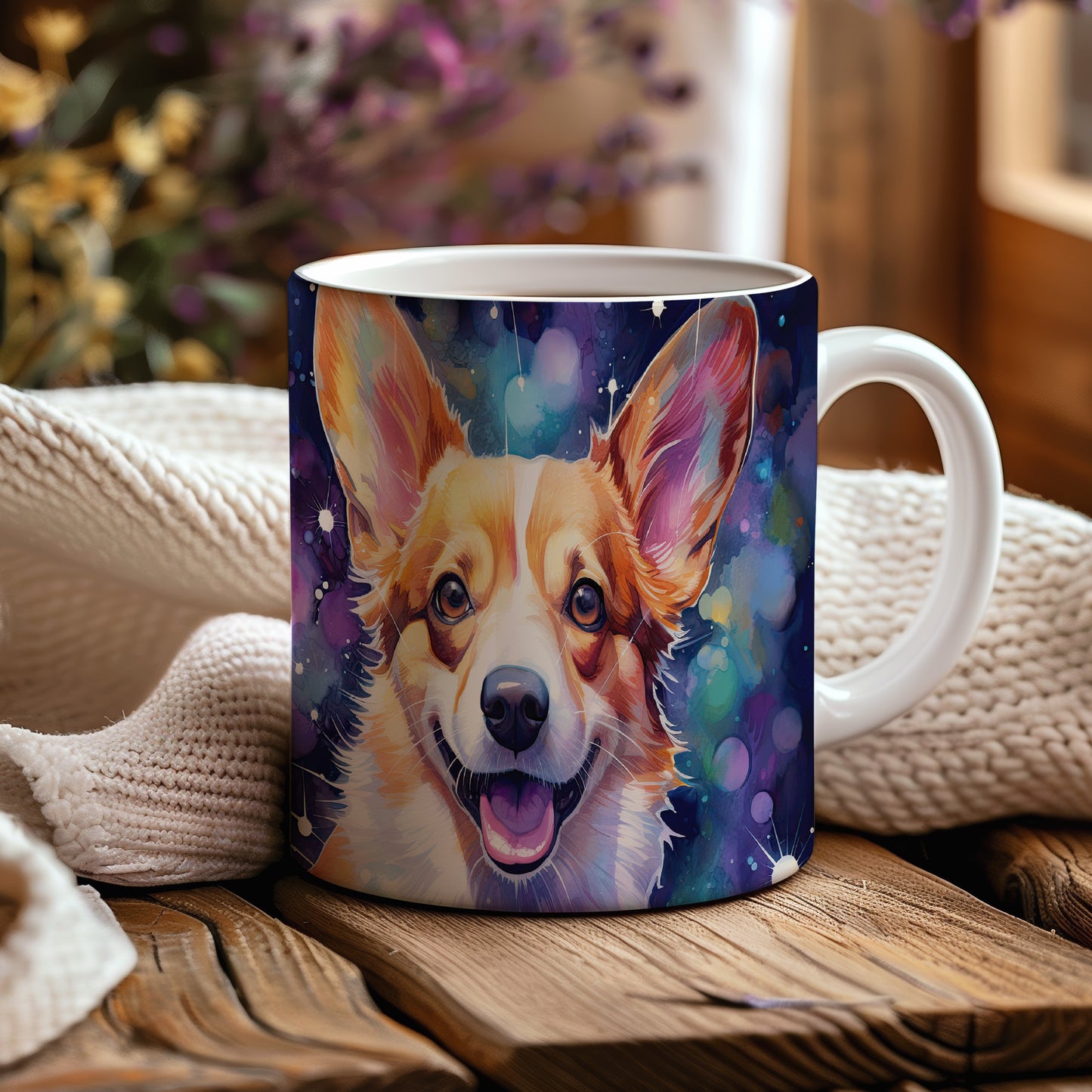 Hrnek s corgi ovčákem a barevným vesmírem