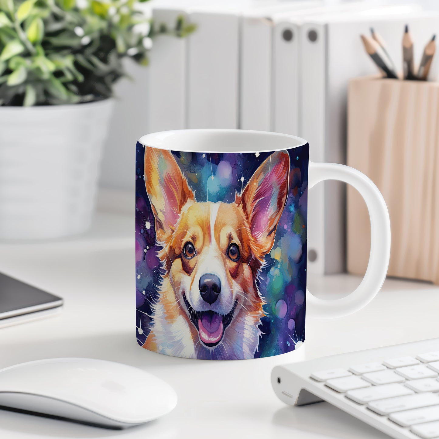 Hrnek s corgi ovčákem a barevným vesmírem
