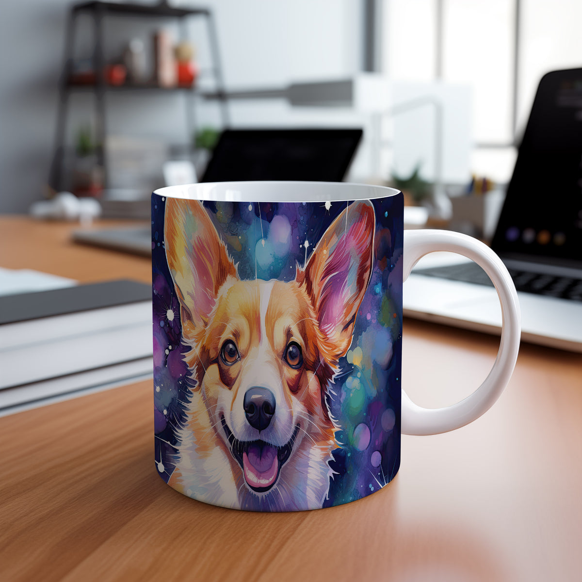 Hrnek s corgi ovčákem a barevným vesmírem