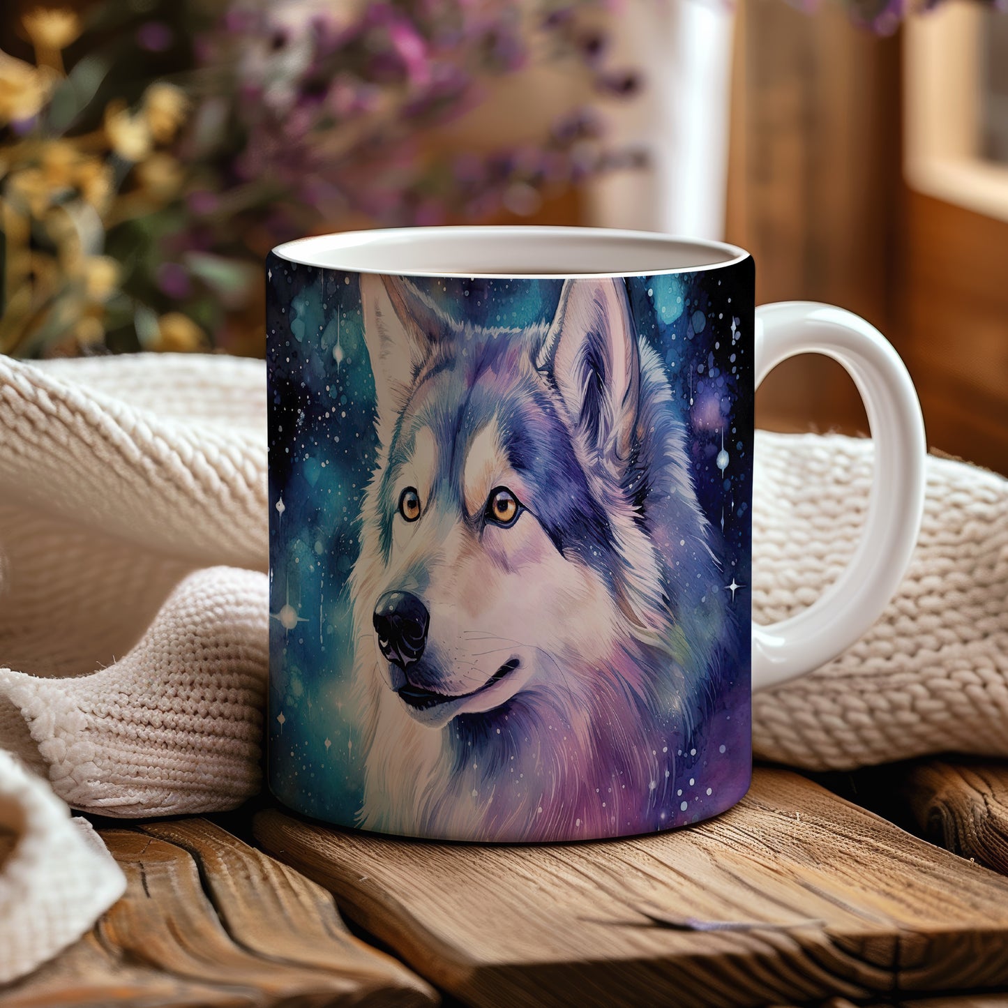 Hrnek s huskym na noční obloze