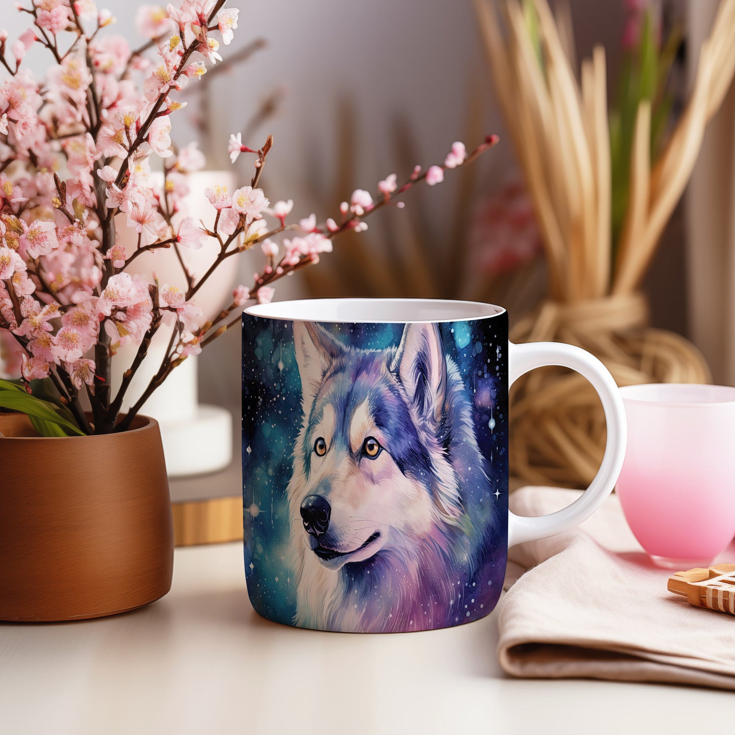 Hrnek s huskym na noční obloze