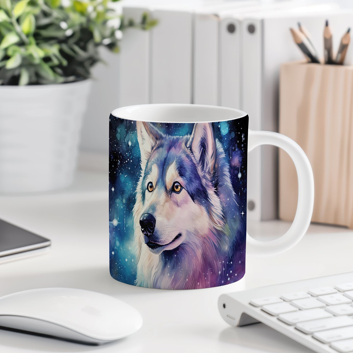 Hrnek s huskym na noční obloze