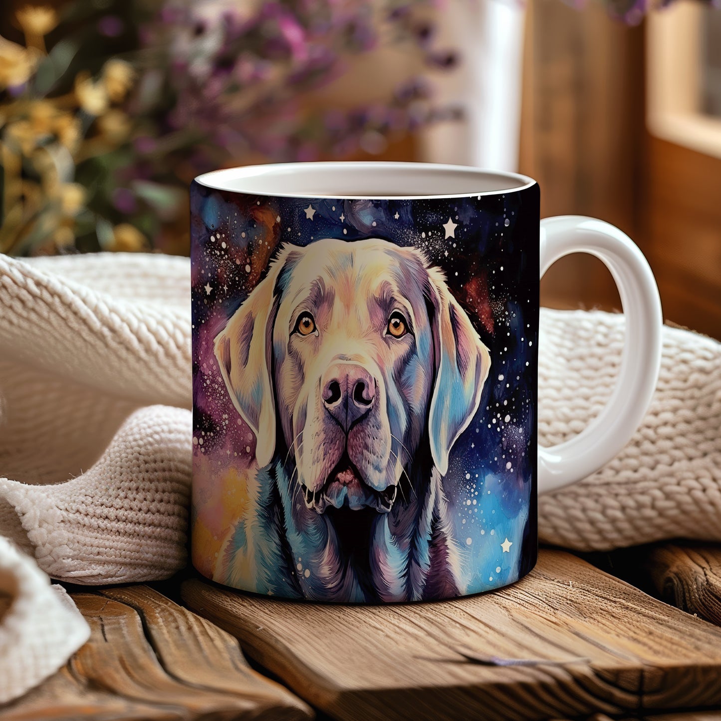 Hrnek s portrétem labradora v kosmickém stylu