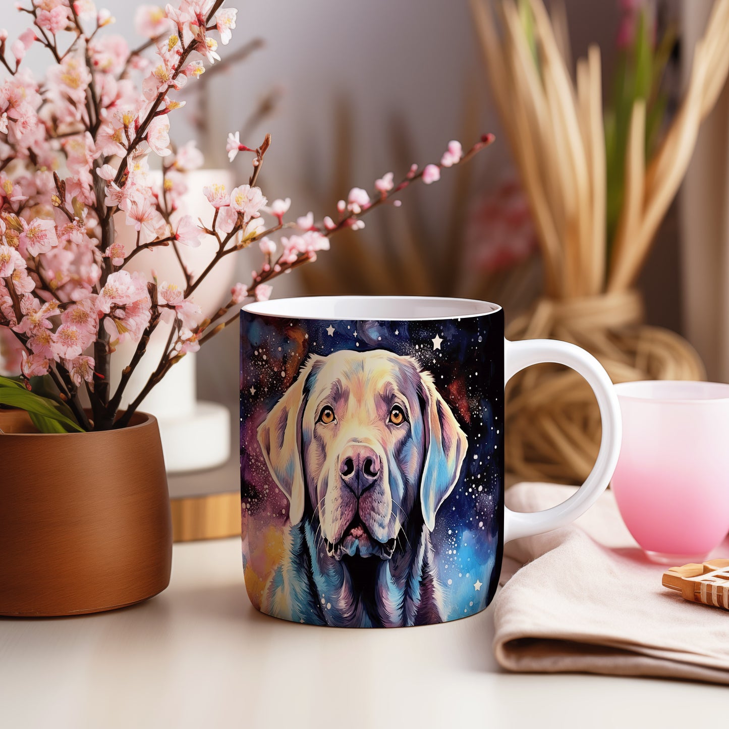 Hrnek s portrétem labradora v kosmickém stylu