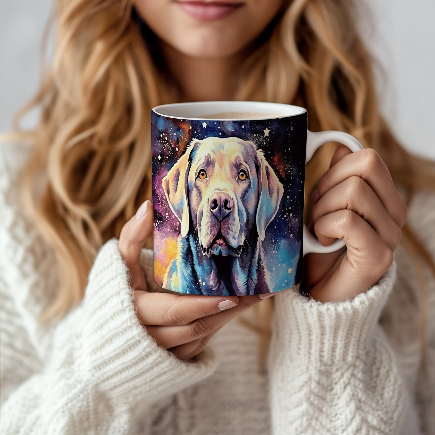 Hrnek s portrétem labradora v kosmickém stylu