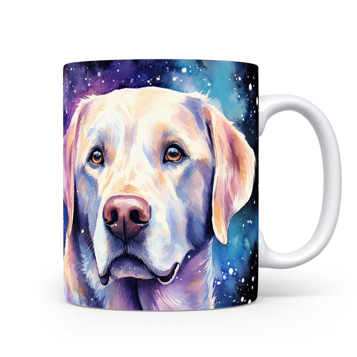 Hrnek s labradorem na pozadí galaxie